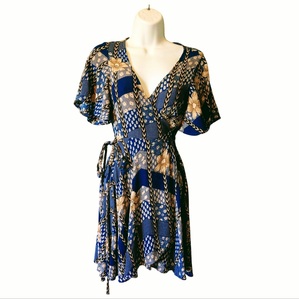 O'Neill Blue Brown and Tan Floral Wrap Mini Dress
